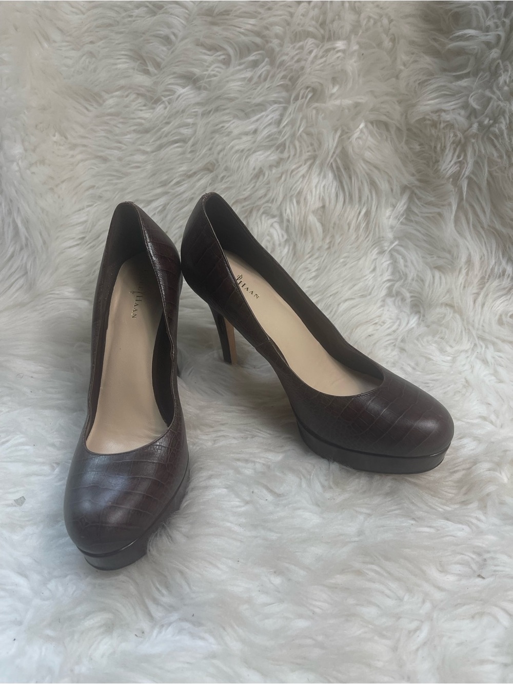 Cole Haan leather Brown Croc-Embossed Platform slip on heels SZ9B